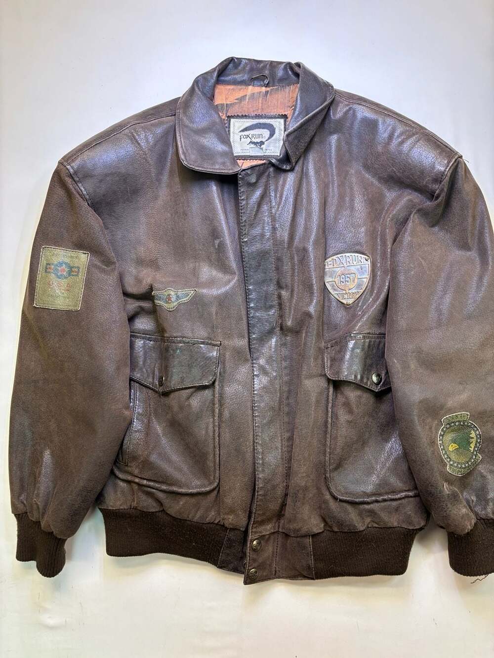 Fox Run Leather Bomber Flight Jacket Size S Brown Patches